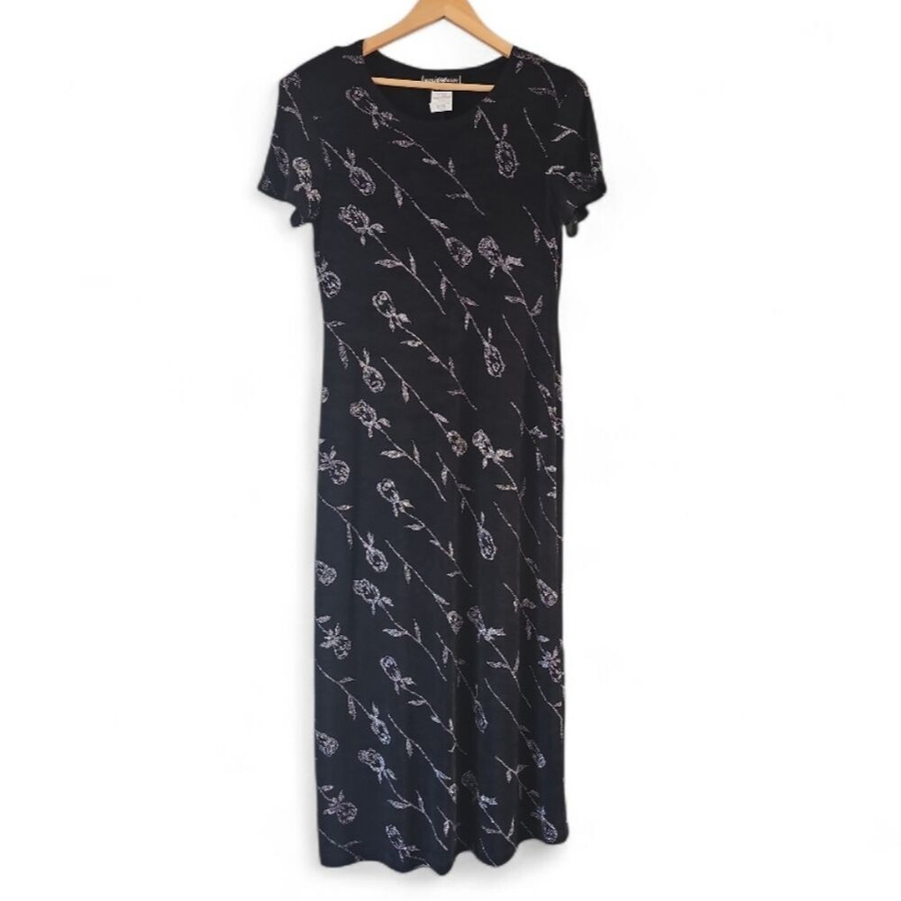 Vintage 90s Molly Malloy Black Silver Rose Print Maxi Dress Women’s Sz M Formal